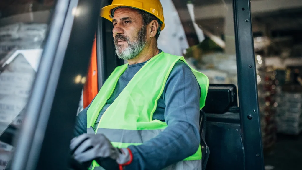 Construction worker in a neon safety vest and yellow hard hat seated in a vehicle cab, looking ahead