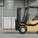 Yellow forklift lifting a wooden pallet with a large white crate in a warehouse setting.